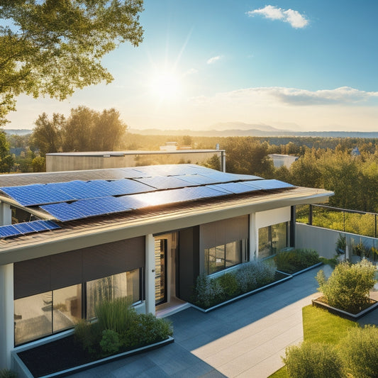 A sleek rooftop with multiple, shiny solar panels, showcasing various advanced mounting kits. Bright blue sky, sunlight reflecting off the panels, surrounded by a modern home with lush greenery for a vibrant, efficient atmosphere.