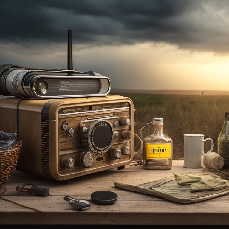 A rugged solar-powered radio on a weathered wooden table, surrounded by emergency supplies like a flashlight, first aid kit, and canned food, with a dramatic stormy sky in the background.