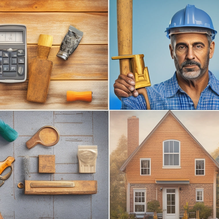 A collage of a person holding a hammer, a piggy bank, and a house blueprint, surrounded by icons of dollar signs, wrenches, and paintbrushes, set against a warm, sunny background with a subtle grid pattern.