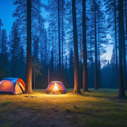 A serene campsite at dusk, featuring various stylish rechargeable camping lanterns illuminating the area, surrounded by tall pine trees, a cozy tent, and a crackling campfire, all under a starry sky.