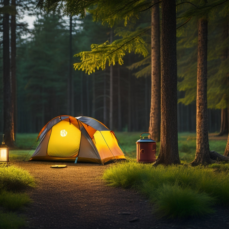 A serene forest campsite at dusk, with a portable solar panel propped against a tree, a lit lantern hanging from a branch, and a tent in the background with a subtle glow emanating from within.