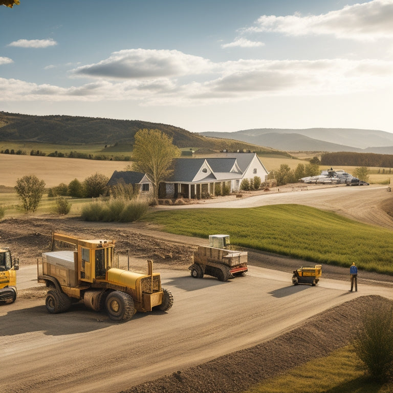 A serene rural landscape with a newly constructed home in the distance, surrounded by rolling hills and a dirt driveway, with a utility truck and workers in the foreground, amidst scattered construction materials.