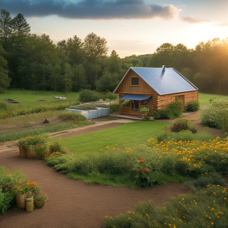 A serene off-grid homestead surrounded by lush greenery, featuring a solar panel array, wind turbine, and rainwater harvesting system, with a rustic wooden cabin and a thriving vegetable garden in the foreground.
