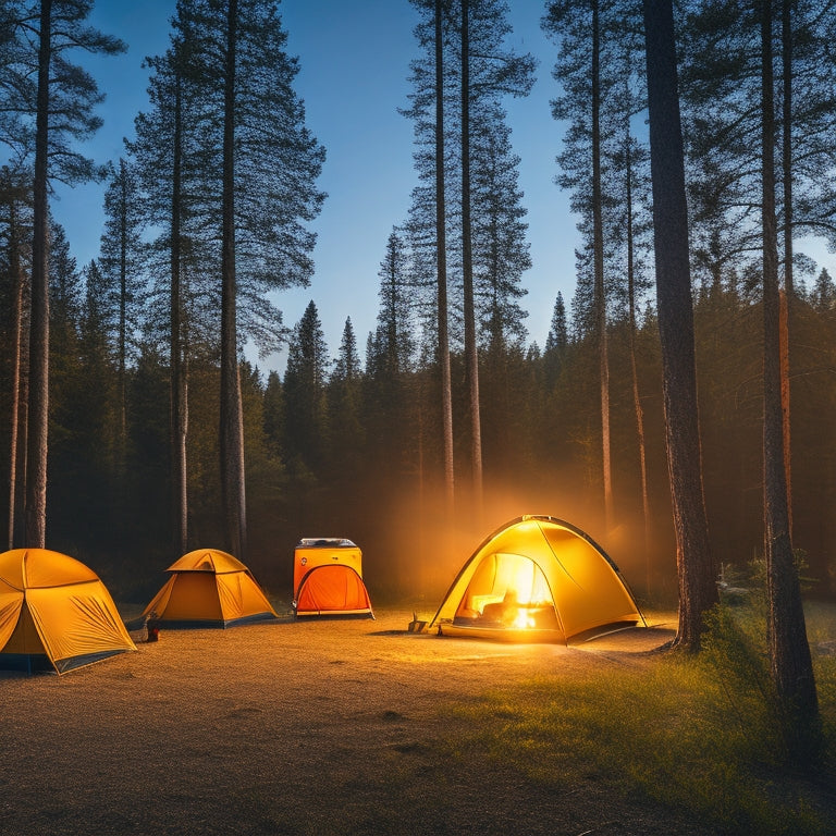 A serene campsite at sunset, featuring various solar-powered camping fans in action, surrounded by lush pine trees, a glowing campfire, and a cozy tent, all under a starry sky with soft, warm light.
