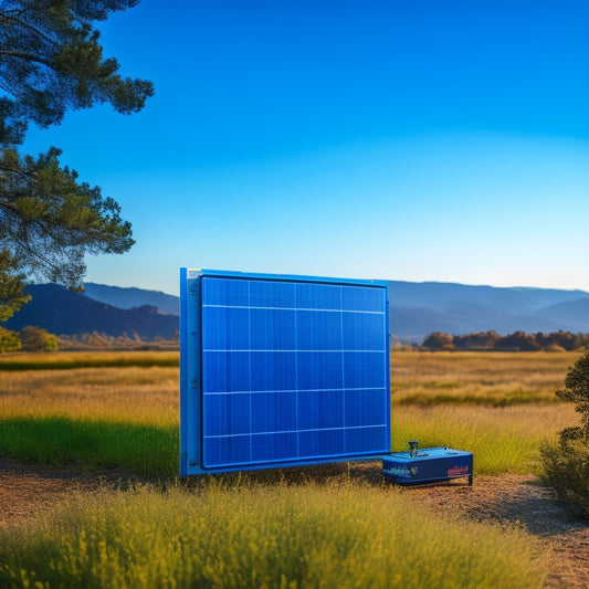 A serene background with a subtle gradient of blue hues, featuring a sleek, modern solar panel array with a bank of batteries in the foreground, surrounded by neat wiring and connectors.