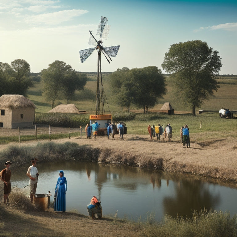A serene rural landscape with a small village in the background, featuring a solar-powered water pump system, a windmill, and a group of villagers gathered around a newly installed handpump.