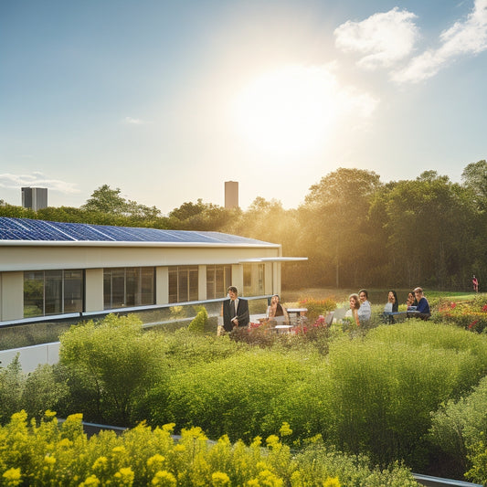 A vibrant, sunlit rooftop adorned with sleek solar panels, surrounded by lush greenery and blooming flowers, showcasing an eco-friendly office building with workers engaging harmoniously in a sustainable outdoor workspace.