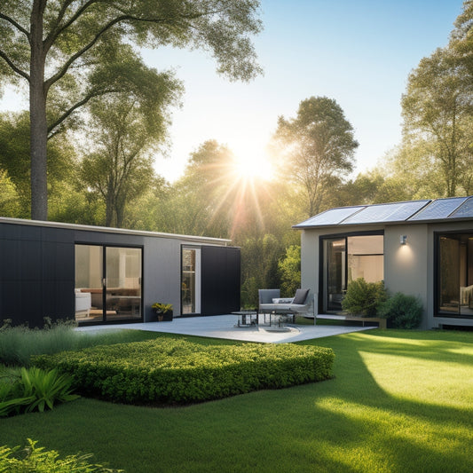 A modern home's backyard featuring a sleek, silver, and black battery storage system, surrounded by lush greenery, with a subtle solar panel array in the background, casting a warm afternoon shadow.
