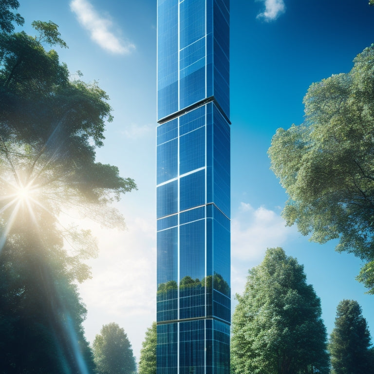 A futuristic skyscraper with sleek, transparent solar panels integrated into its windows, reflecting a bright blue sky and green trees, with subtle electrical circuits visible beneath the glass.