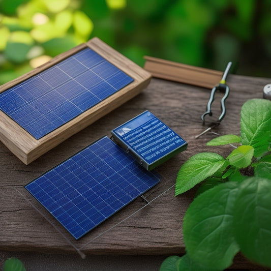 A miniature solar panel array on a small, rustic wooden table, surrounded by lush greenery, with a few tiny tools and wires scattered around, set against a soft, sunny background.