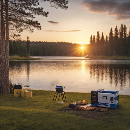 A serene outdoor scene featuring a portable solar generator beside a cozy camp setup, surrounded by tall pine trees, a sparkling lake, and a sunset sky with vibrant hues, illuminating the peaceful adventure atmosphere.