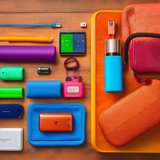 A flat lay of various sleek portable external batteries in vibrant colors, scattered among a travel backpack, smartphone, and headphones, all set against a textured wooden surface to evoke a sense of adventure and mobility.