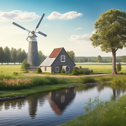 An illustration of a serene rural landscape with a small farmhouse, a windmill, and a solar panel in the background, with a water pump and a few trees surrounding a calm lake.