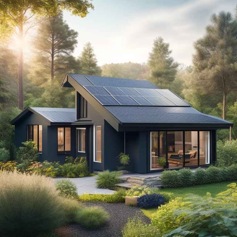 A serene, modern small house with a sloping roof, surrounded by lush greenery, featuring a sleek, black solar panel array installed on the south-facing roof, with a few birds perched on the panels.