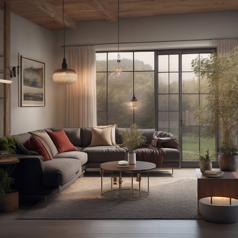 A serene living room with a large window, solar panels on the roof, and a hybrid lighting system featuring warm-toned floor lamps, table lamps, and string lights powered by a sleek, wall-mounted battery.