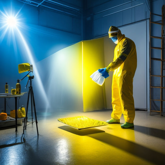 A person in a bright, well-lit room, wearing a yellow rubber glove, holding a microfiber cloth and a spray bottle, standing in front of a dusty solar panel with streaks and water spots.
