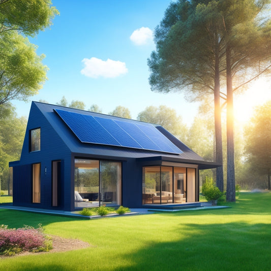 An illustration of a modern, eco-friendly house with a sleek, black solar panel system installed on its slanted roof, surrounded by lush green trees and a bright blue sky.