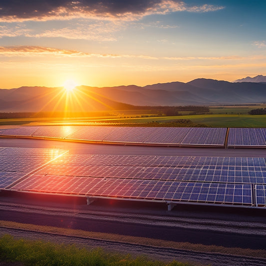 A vibrant solar farm at sunrise, showcasing rows of gleaming high wattage solar panels, gleaming under golden rays, with green fields and distant mountains, symbolizing energy efficiency and sustainability.