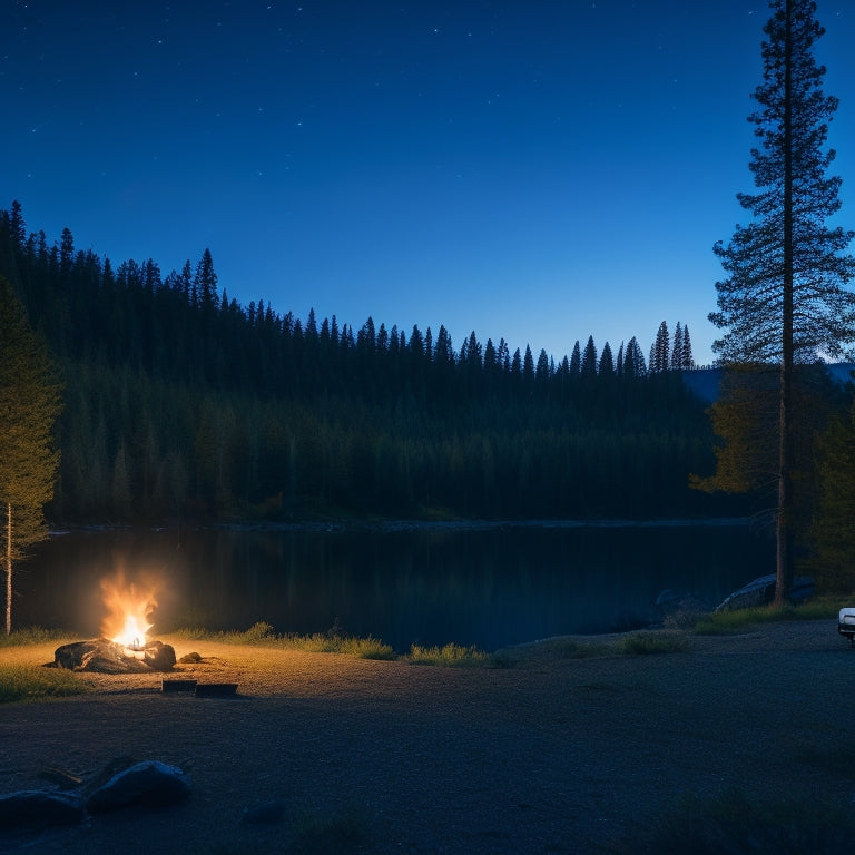 A serene campsite at dusk, showcasing rugged off-grid power banks charging devices alongside a flickering campfire, surrounded by pine trees and mountains, with a starry sky illuminating the peaceful outdoor adventure atmosphere.