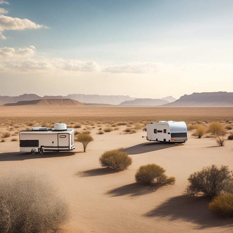 A serene desert landscape with a sleek, silver RV in the distance, surrounded by a cluster of solar panels, a wind turbine, and a battery bank, all connected by sleek, black cables.