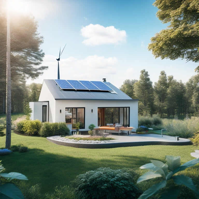 A serene, modern home surrounded by lush greenery, with solar panels on the roof and a small wind turbine in the backyard, set against a bright blue sky with fluffy white clouds.