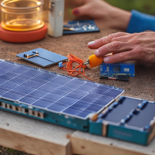 A close-up of a person's hands assembling a DIY solar battery, with wires, circuit boards, and photovoltaic cells scattered around a wooden workbench, set against a blurred outdoor background.