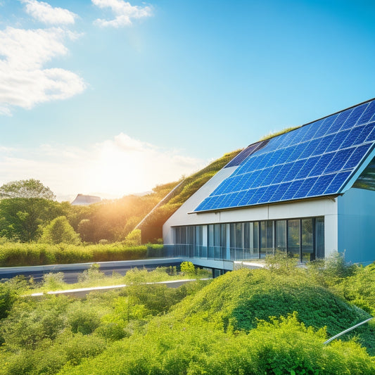 A modern green building with solar panels on the roof, vertical gardens on the walls, large energy-efficient windows, and a rainwater harvesting system, surrounded by lush greenery and a clear blue sky.