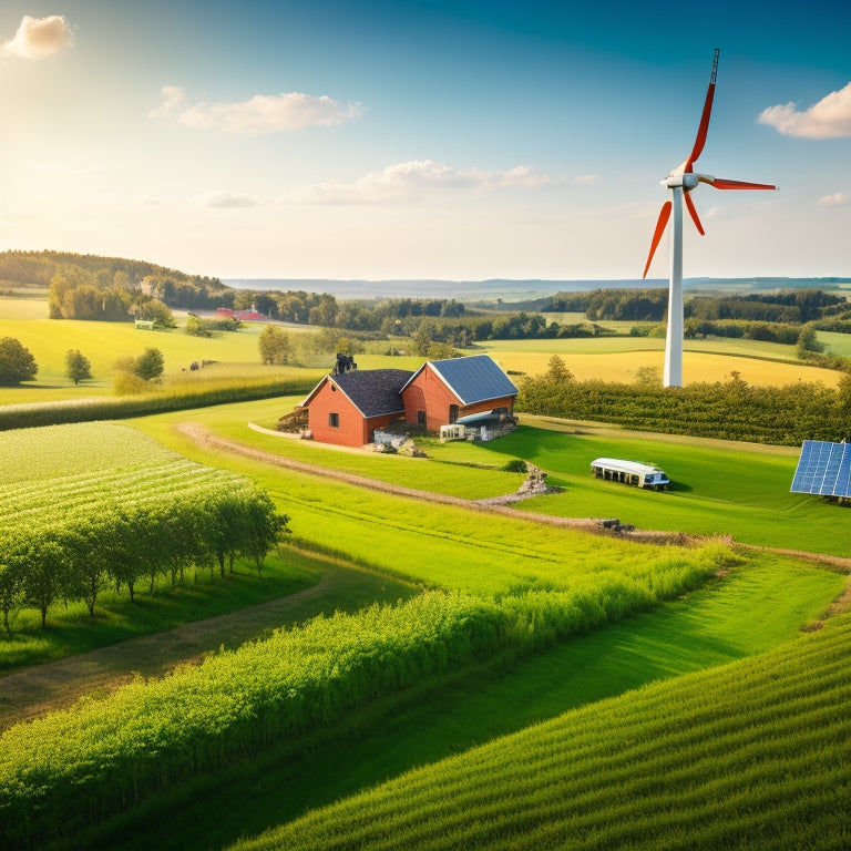 A serene rural landscape with a wind turbine, solar panels, and a biogas plant in the background, amidst lush green fields and a few rustic homes under a sunny sky.