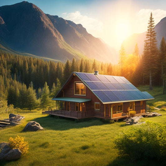 A serene landscape showcasing a modern off-grid solar power system, with solar panels on a rustic cabin roof, surrounded by lush greenery, mountains in the background, and sunlight casting vibrant shadows.