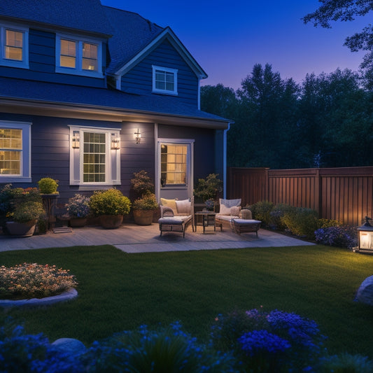 A serene suburban backyard at dusk, showcasing a sleek backup generator beside a cozy home, illuminated windows, vibrant garden, and a peaceful atmosphere, emphasizing reliability and tranquility amidst a backdrop of twinkling stars.