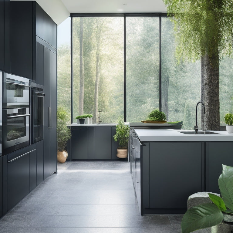A modern, minimalist kitchen with sleek, energy-efficient appliances in shades of stainless steel and matte black, surrounded by lush greenery and natural light pouring in through large windows.