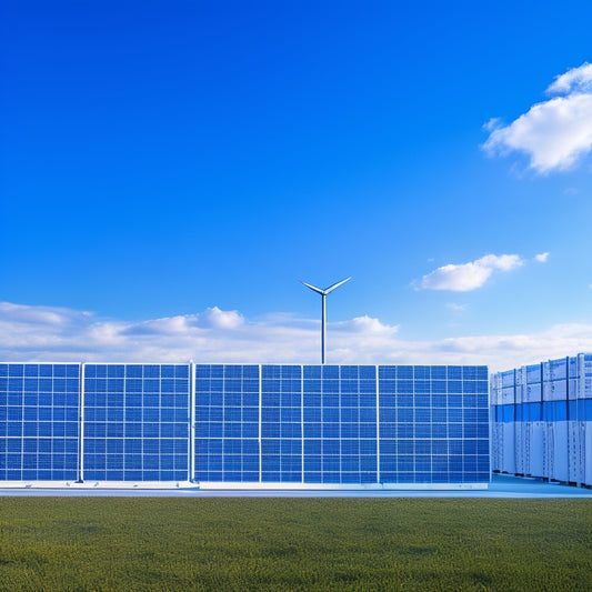 A futuristic, sleek, and modern industrial setting with rows of silver commercial solar battery storage units, surrounded by cables and wires, against a bright blue and white background.