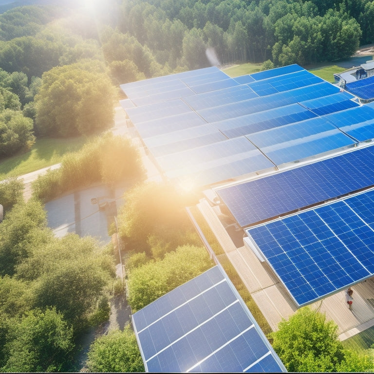 Aerial view of a commercial building with solar panels on the roof, surrounded by greenery, featuring workers inspecting the installation, clear blue sky, and energy-efficient equipment nearby.