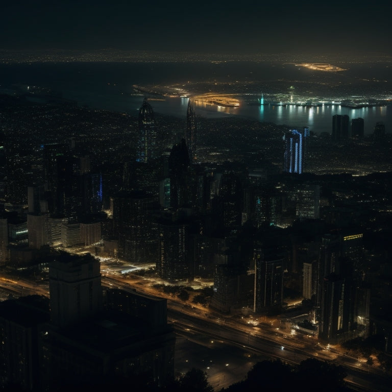 An image of a darkened cityscape at night, with a few buildings lit up by battery-powered backup systems, amidst a sea of darkness, conveying a sense of urgency and crisis.
