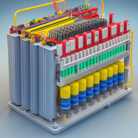 A detailed illustration of a battery bank setup, featuring 4-6 deep cycle batteries connected in series and parallel, with colorful wires and busbars, set against a clean white or light gray background.