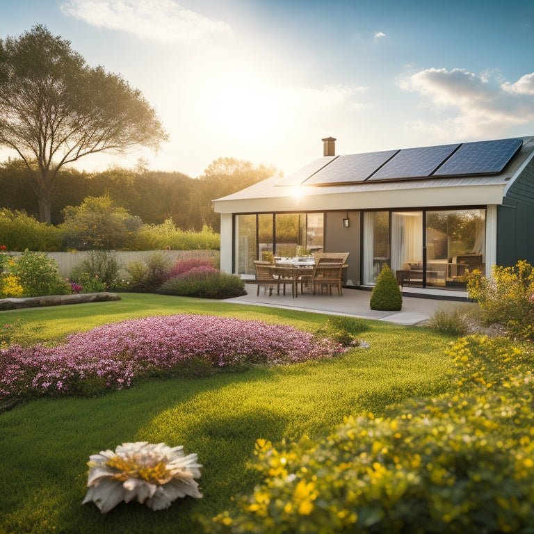 A serene backyard scene with a tidy lawn, a few blooming flowers, and a modern residential house featuring a sloping roof with clean, shiny solar panels angled towards the sun.