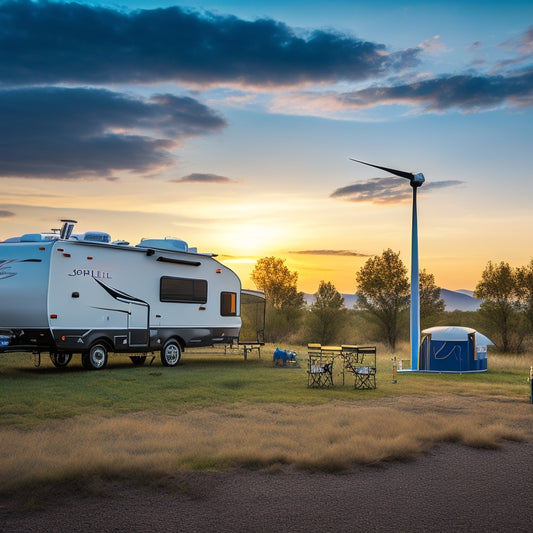 A serene RV campsite at dawn, with a solar panel array on the roof, a wind turbine spinning in the background, and a battery bank with cables connecting to a sleek inverter.