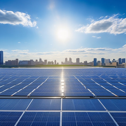 A photorealistic image of a large, industrial rooftop covered in neat rows of sleek, black solar panels, with a cityscape in the background and a bright blue sky with a few puffy white clouds.