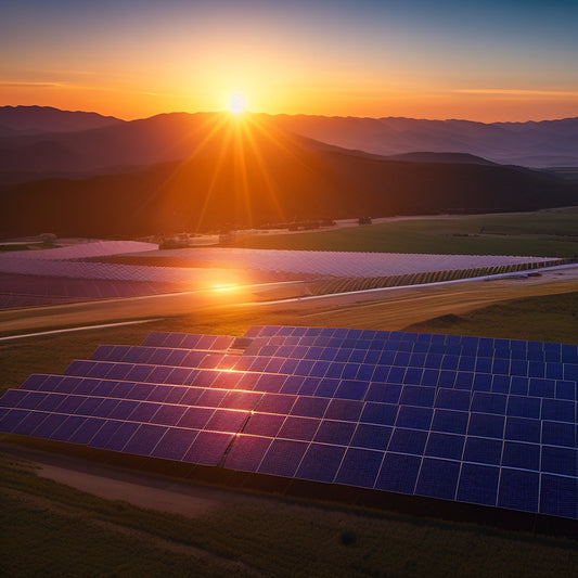 An aerial view of a sprawling solar farm at sunset, with rows of sleek, black solar panels reflecting a warm orange glow, surrounded by rolling hills and wispy clouds.