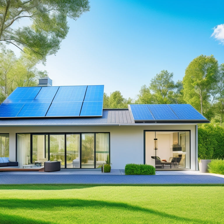 A modern, sleek home with solar panels on the roof, a smart thermostat on the wall, and a tablet displaying real-time energy usage data, surrounded by lush greenery and a bright blue sky.