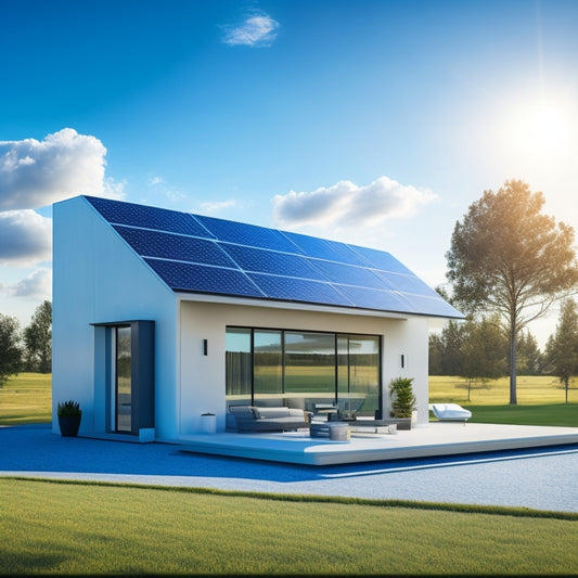 A futuristic, modern home with a sleek, wall-mounted battery system, surrounded by solar panels on the roof and a smart home hub on the wall, set against a bright blue sky.