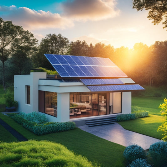 A futuristic home with sleek solar panels, a glowing residential solar battery in the foreground, vibrant greenery surrounding the house, and a bright sun setting in a clear blue sky, symbolizing sustainable energy.