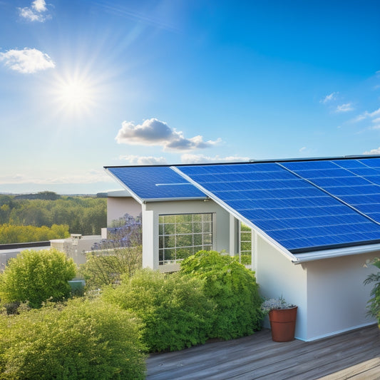 Illustrate a rooftop with solar panels, including a sleek inverter, battery storage unit, and wiring, surrounded by vibrant greenery under a clear blue sky, highlighting the harmony between technology and nature.