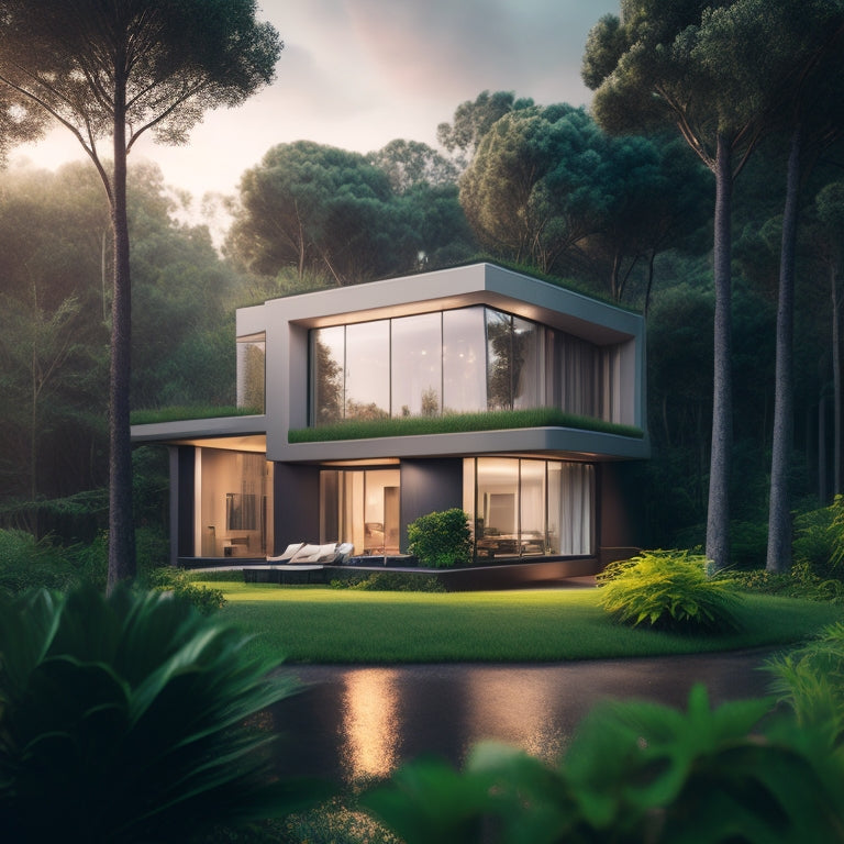 A futuristic home with sleek, modern architecture, surrounded by lush greenery, with a subtle glow emanating from the windows, powered by a sleek, compact home battery system in the foreground.