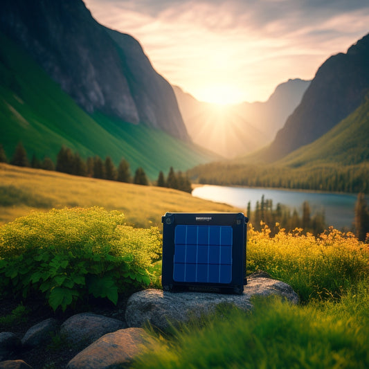A serene outdoor scene with a compact, foldable solar panel propped on a rocky surface, connected to a sleek, waterproof battery pack with glowing LED indicators, amidst lush greenery and a distant mountain range.