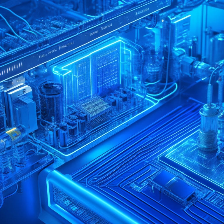 A futuristic, high-tech illustration of a sleek, silver inverter system with glowing blue circuits, surrounded by intricate diagrams, wires, and microchips, set against a dark, gradient blue background.