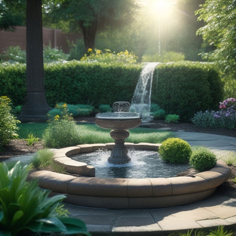 A serene garden scene featuring a solar panel angled towards the sun, connected to a pump surrounded by lush greenery, with water flowing from a small fountain or birdbath.