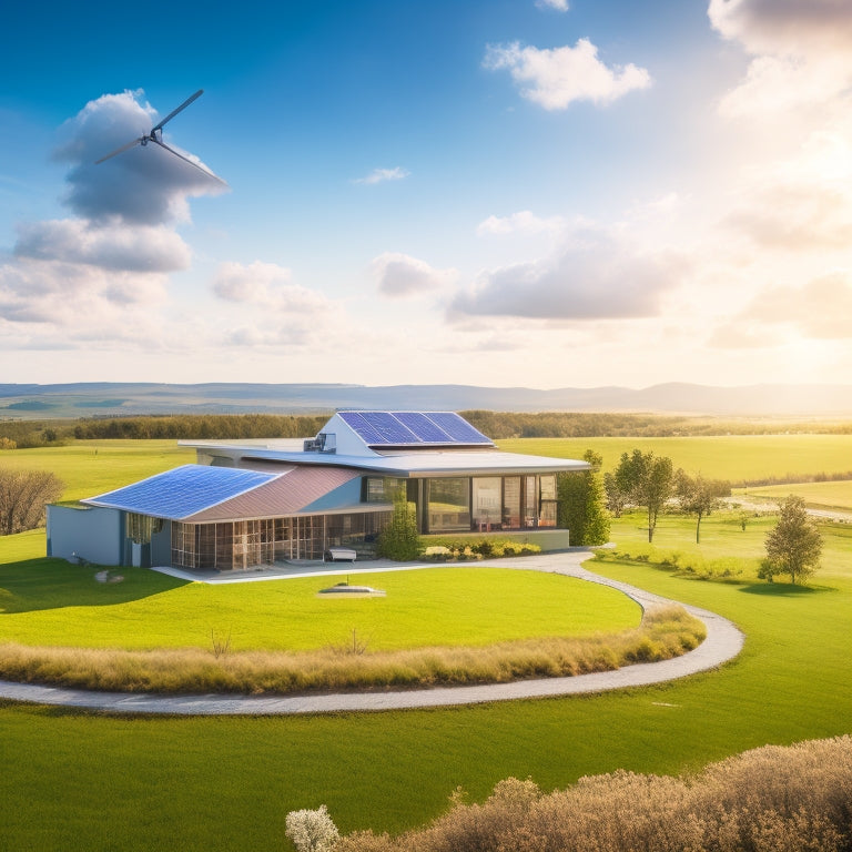 A serene landscape with a modern eco-friendly home in the center, surrounded by solar panels, wind turbines, and a green roof, set against a bright blue sky with fluffy white clouds.