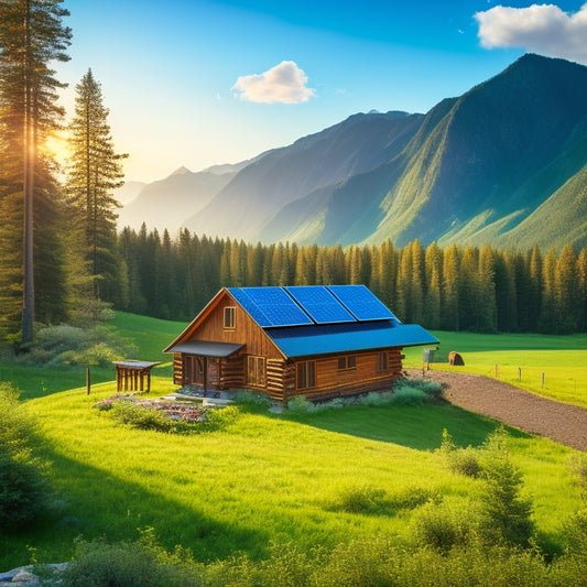 A serene landscape with a rustic cabin surrounded by solar panels, a clear blue sky, and a chart showing energy consumption and solar output, all set amidst lush greenery and distant mountains.