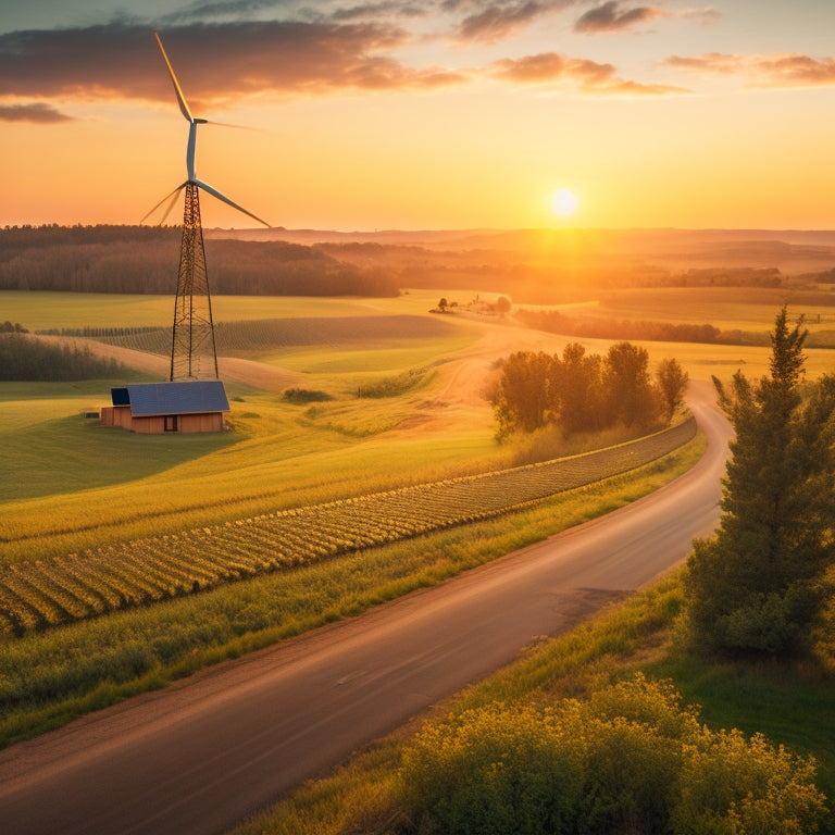 A serene rural landscape at sunset with a few scattered trees, a winding dirt road, and a telecom tower in the distance, surrounded by a few solar panels and a small wind turbine.